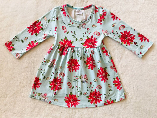 9.24 RTS NO MOQ（In stock）G3-8-1*./ Baby Girls Winter Dress Red flower and green leaf long sleeve dress