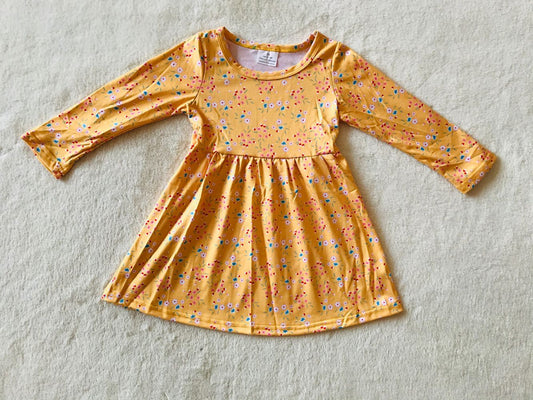 9.26 RTS NO MOQ（In stock）G2-24-*4. Baby Girls Winter Dress Yellow long-sleeved dress with pink, blue, white and small flowers