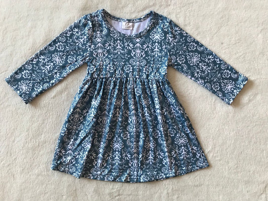 9.20 RTS NO MOQ（In stock）G2-24-9*/* Baby Girls Winter Dress White pattern navy blue long-sleeved dress