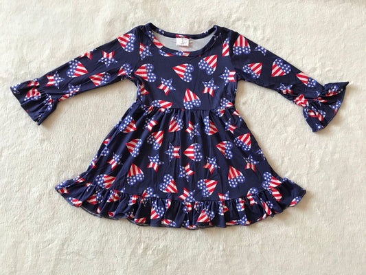 9.23 RTS NO MOQ（In stock）G2-20- Baby Girls Winter Dress Dark blue long-sleeved dress with red and white striped five-pointed star
