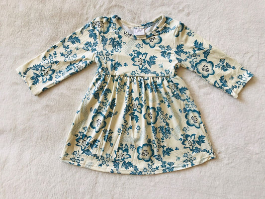 9.15 RTS NO MOQ （In stock）G4-2【】Baby Girls Winter Dress Baby Girls long sleeve Ink navy blue flowers beige knee-length Dresses