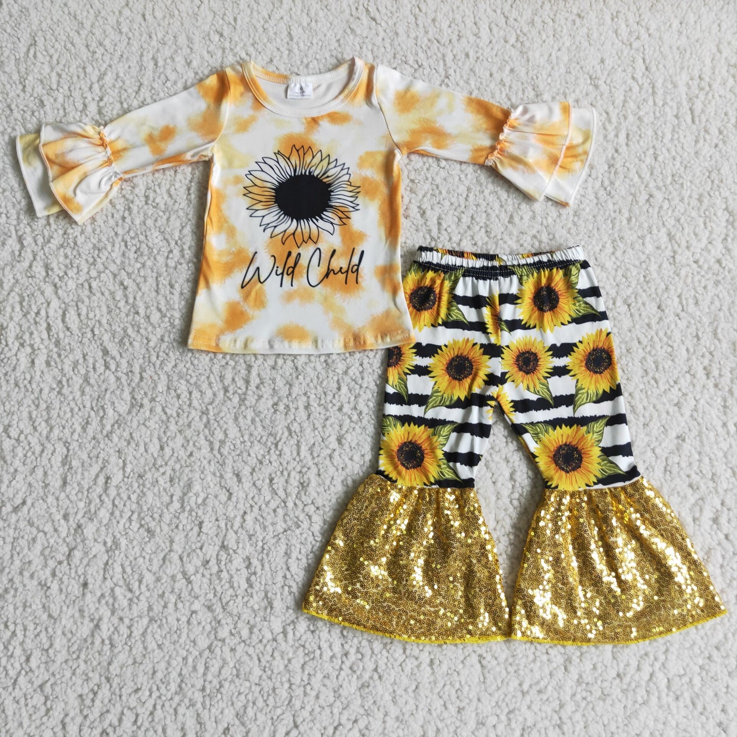 6 A10-13Wild child sunflower sequin bells toddler girls clothing set