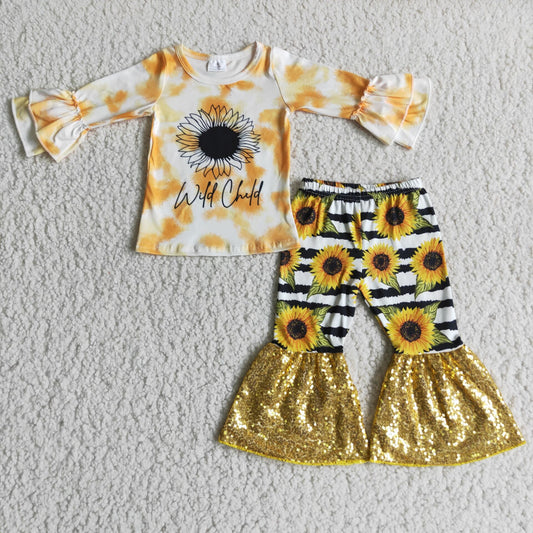 6 A10-13Wild child sunflower sequin bells toddler girls clothing set