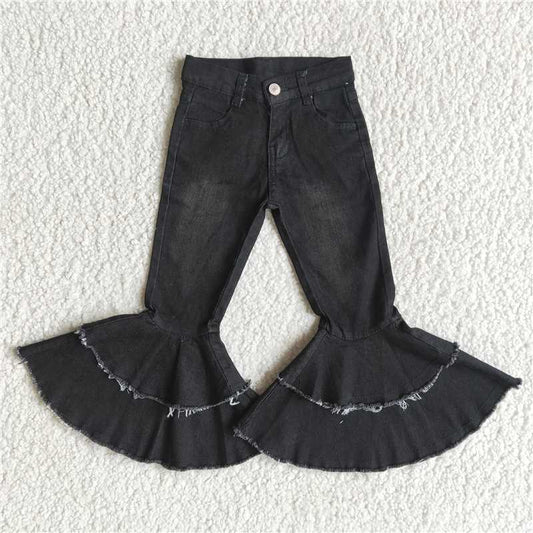E5-26  Black waistband ruffle denim pants