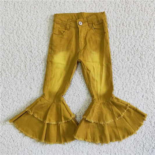 C14-1  Baby girls mustard double ruffle denim jeans pants