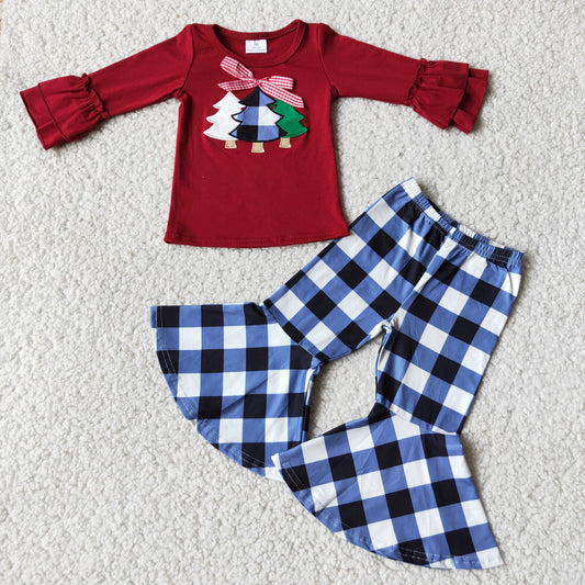 6 C6-40 Bow-knot embroidered Christmas tree long-sleeved plaid pants suit