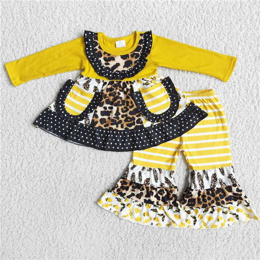 6 B5-2Yellow leopard pockets patchwork kids clothing set