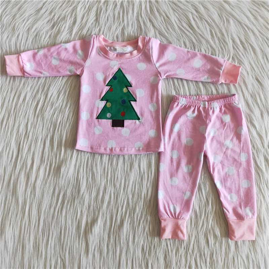 6 B12-37 Embroidered Christmas tree polka dot girl's pink cotton pajamas
