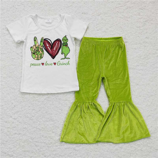 A0-2 grinch heart gesture short-sleeved green velvet bell-bottom pants