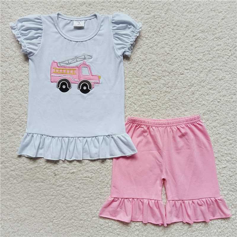 Fire truck embroidery girls outfits