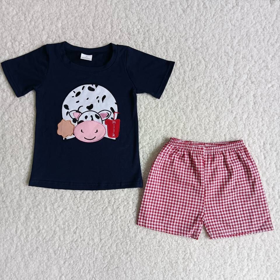 C16-8 Sales New RTS No Moq Promotion Baby boys Cow milk lattice outfits