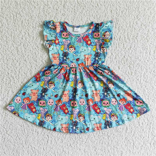 B14-11 Smiley Watermelon Boys Blue Flying Sleeve Dress