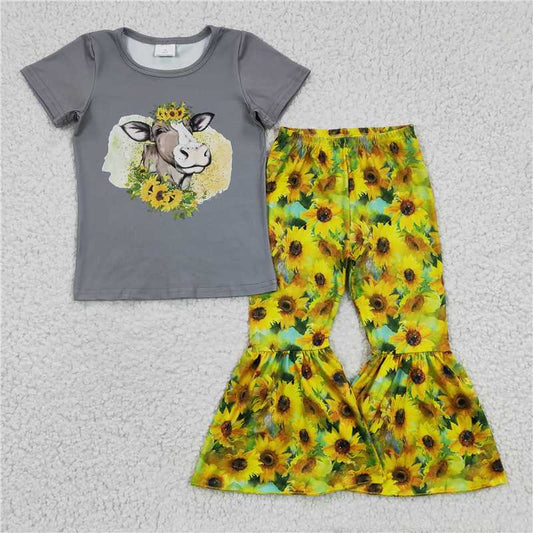 B9-15 Sunflower Bull Head Grey Short Sleeve Long Pants Set