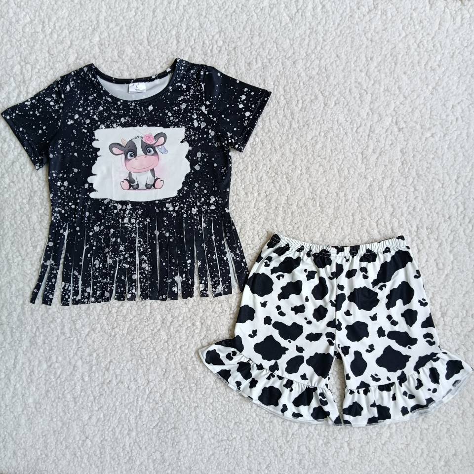 Tassel Cartoon cow pattern Shorts sets