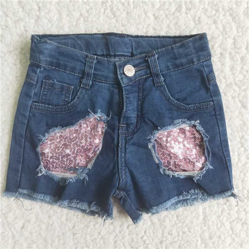 C15-13  Baby Girls pink sequin navy denim shorts