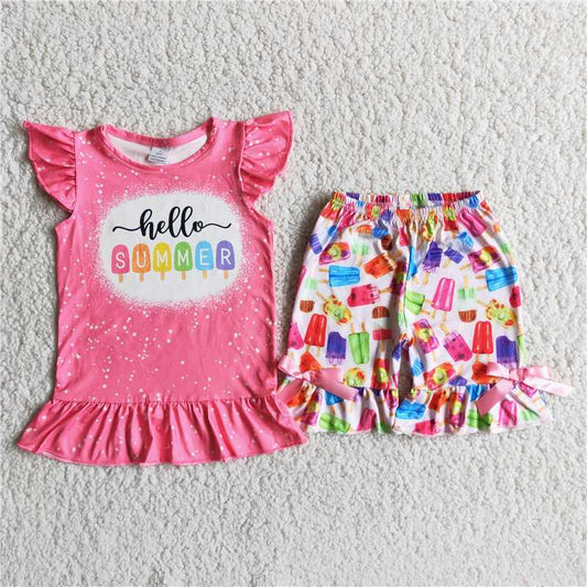 Pink puffy sleeves exquisite ruffles Shorts sets