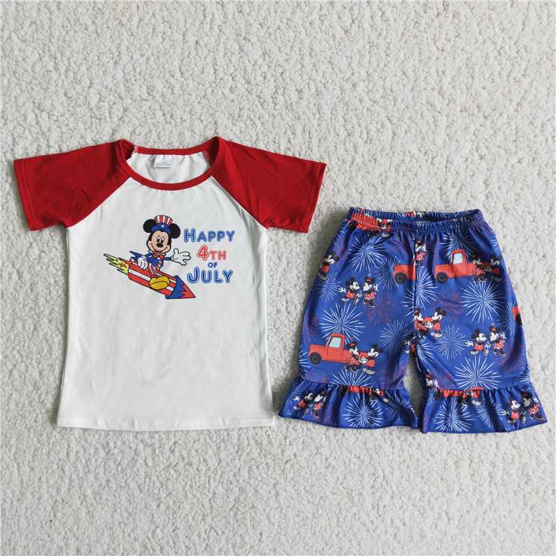 D10-28 Happy 4th of July mouse Fireworks Cartoon Shorts Set kids girls clothing