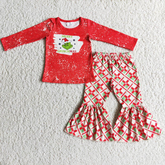 6 C7-3 Merry Christmas red long-sleeved top and plaid flared pants suit