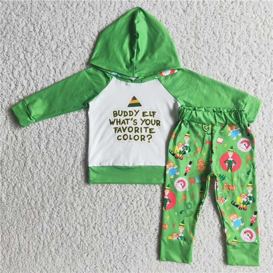 6 A7-20 BUDDY ELF Green hooded sweatshirt and trousers set