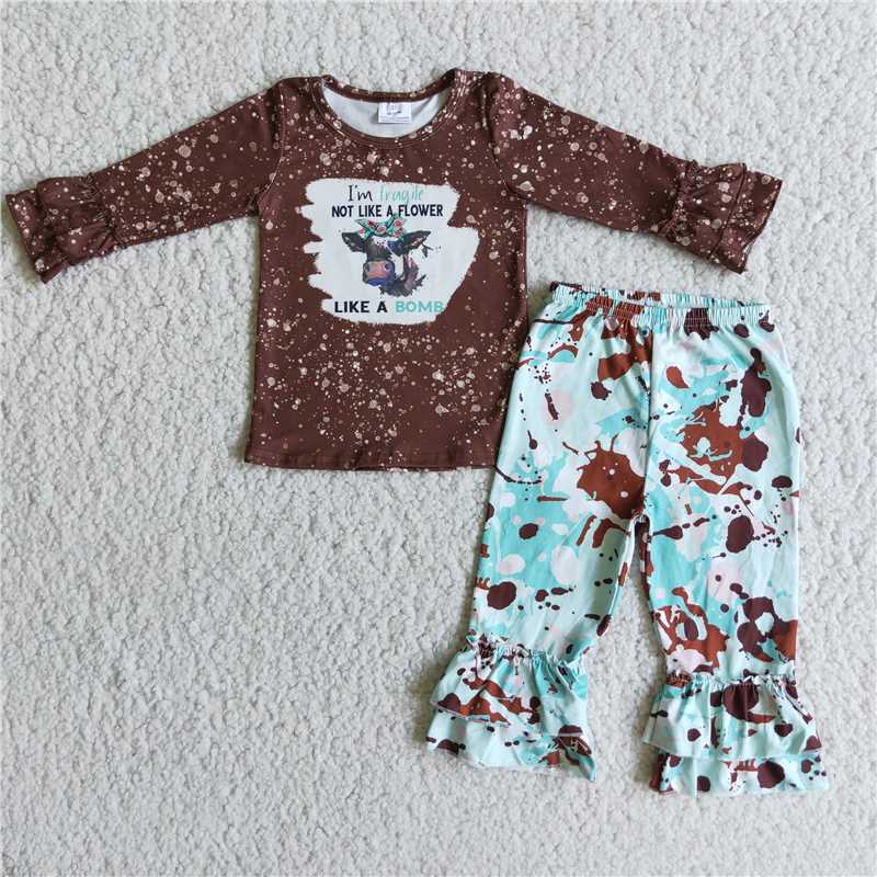 6 C7-31Brown bleached cow shirt ruffle pants girls outfits