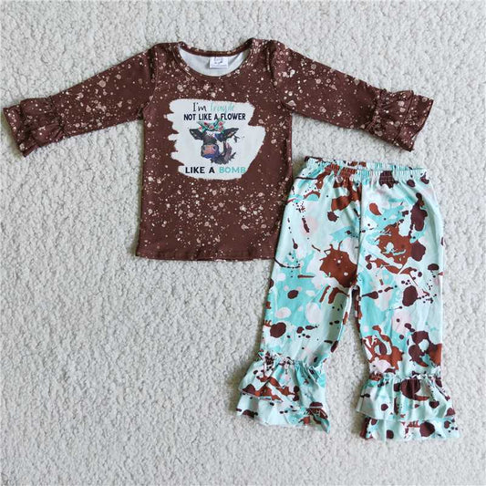 6 C7-31Brown bleached cow shirt ruffle pants girls outfits