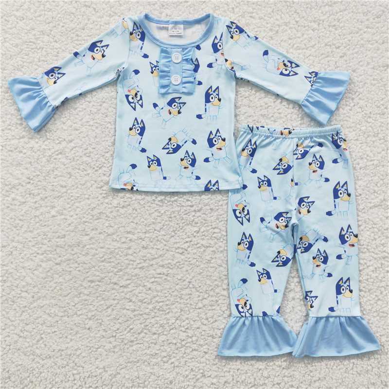 6 C9-16Blue dog ruffle long sleeve girls pajamas