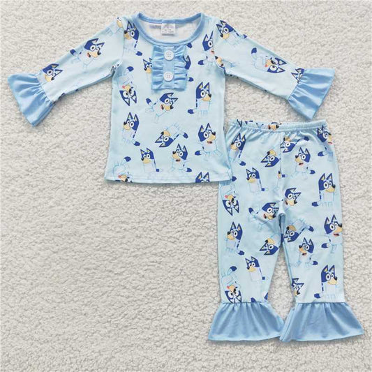 6 C9-16Blue dog ruffle long sleeve girls pajamas