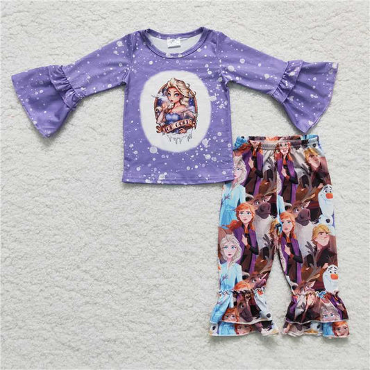 6 C9-38Purple screen print shirt princess ruffle pants girls outfits