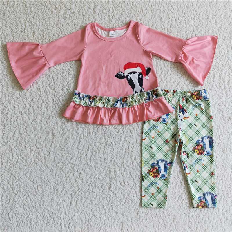 6 C10-30 Bull head pink top and green plaid trousers set