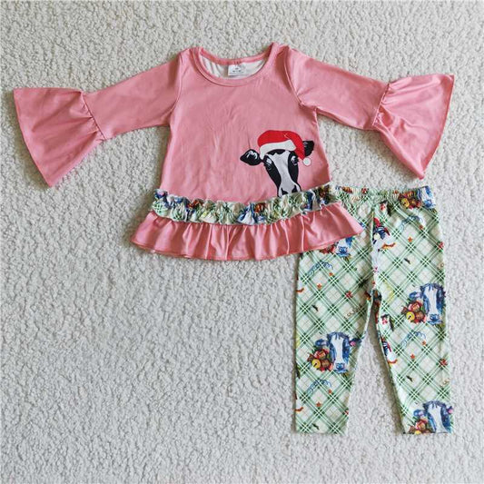 6 C10-30 Bull head pink top and green plaid trousers set
