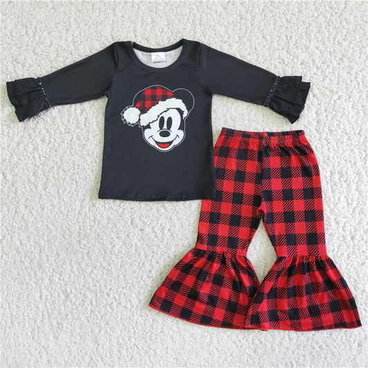 6 A4-11 Mickey black long-sleeved red plaid bell bottom pants suit