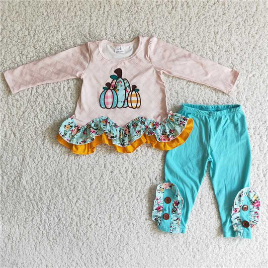 6 A2-28Pumpkin embroidery wave shirt leggings girls fall clothing
