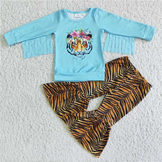 6 A3-18Tiger print tassels long sleeve shirt pants girls clothing set