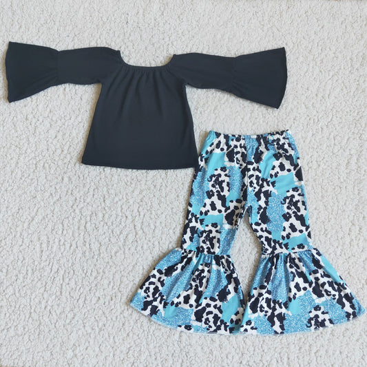 6 B1-34Black top cow print bell bottom pants girls boutique clothing