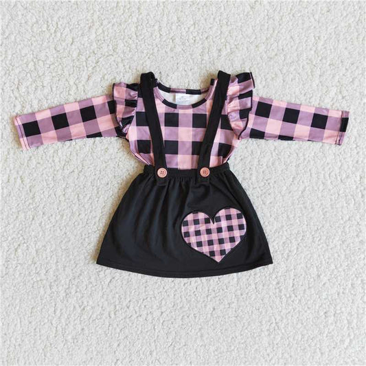 6 A28-30 Heart embroidery plaid long sleeve shirt suspender skirt girls valentine's outfits