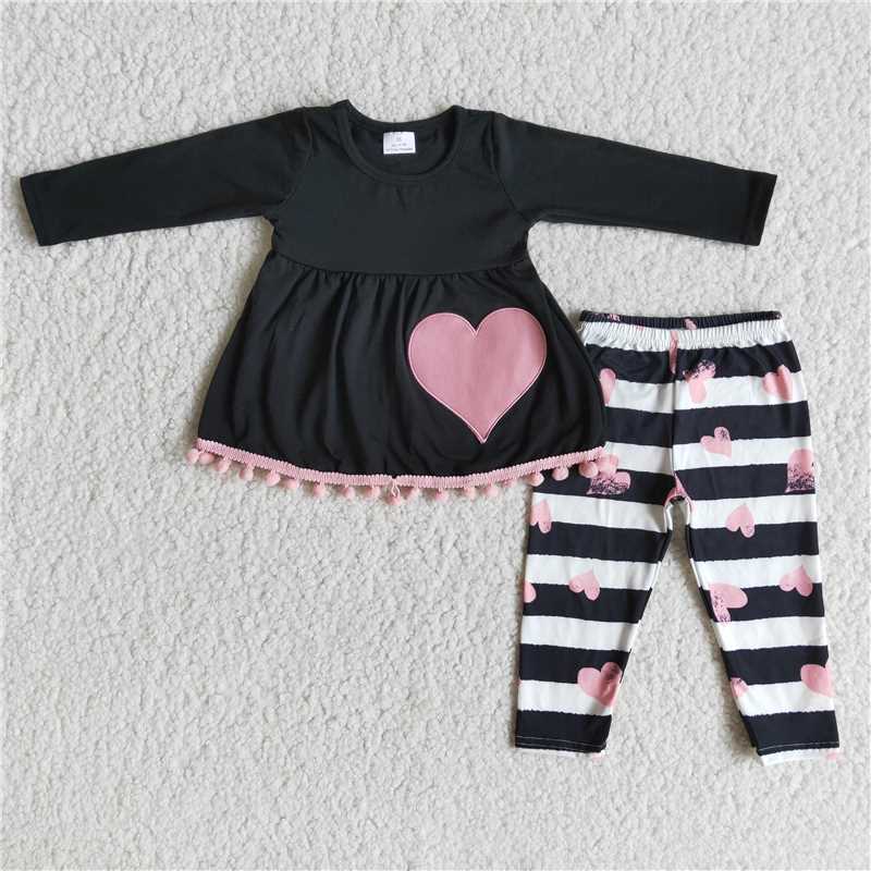 6 A27-29Heart embroidery pom pom tunic leggings set girls valentine's clothing