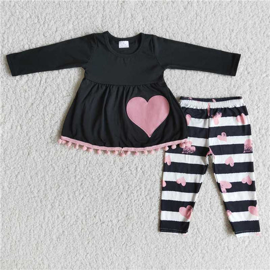 6 A27-29Heart embroidery pom pom tunic leggings set girls valentine's clothing