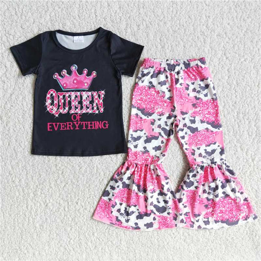 B2-13 Baby Girls pink black queen of everything bell pants sets