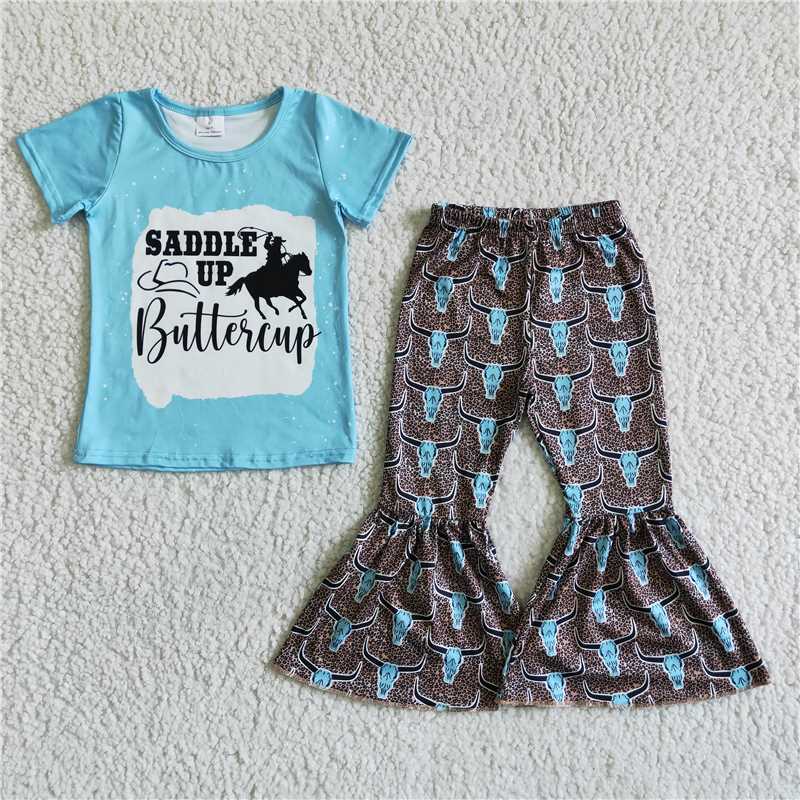 C5-27  Baby Girls Saddle Up western blue color bell pants clothing sets