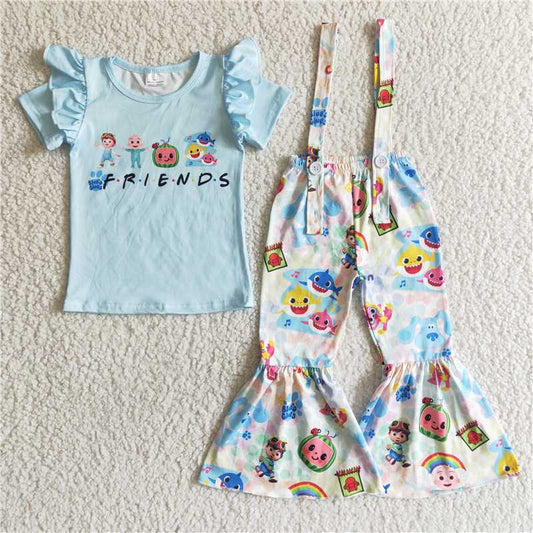 GSPO0040 friends cartoon blue short-sleeved suspenders flared pants suit