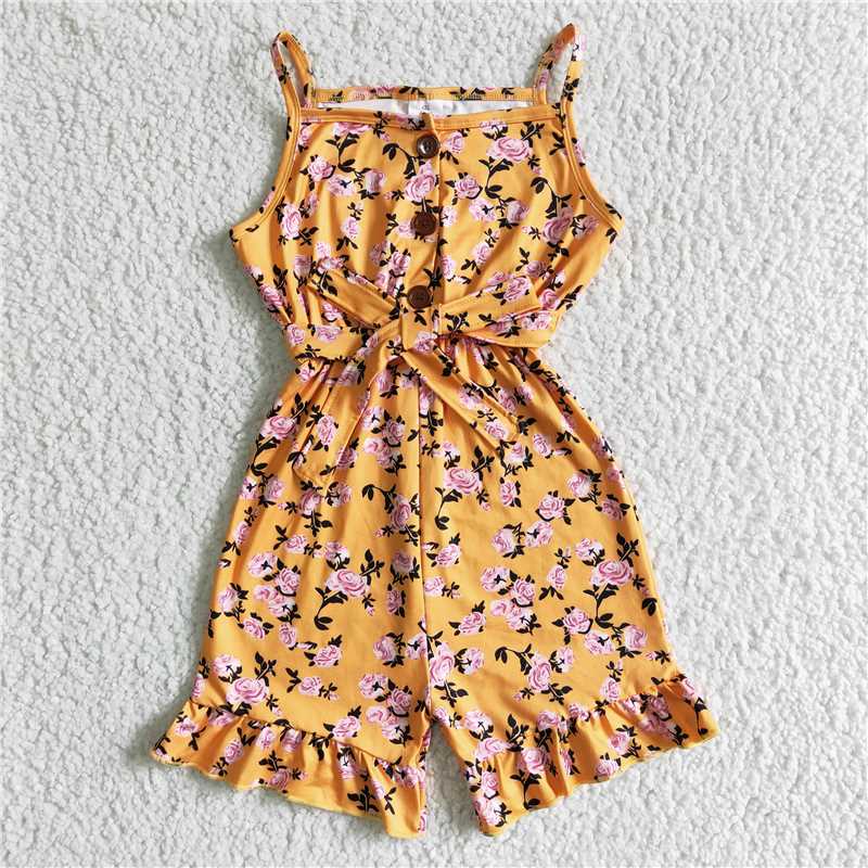 SR0005  Baby girls yellow floral summer strap Jumpsuits