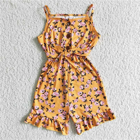 SR0005  Baby girls yellow floral summer strap Jumpsuits