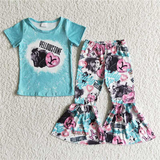 GSPO0016 Yellowstone blue short-sleeved heart-shaped men's bell-bottom pants suit