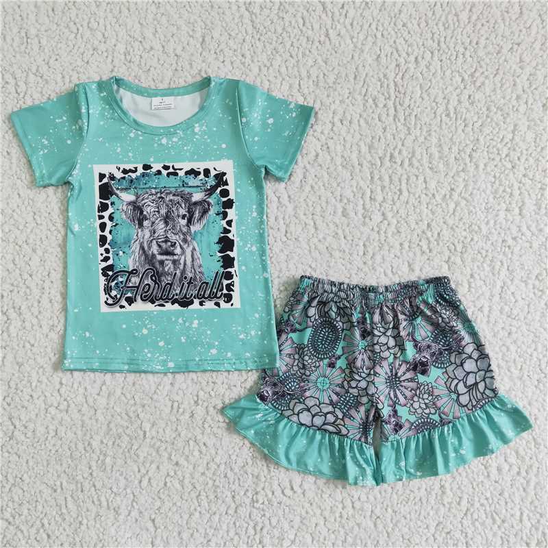 GSSO0066 Helditall grey ox green short-sleeved lace shorts set