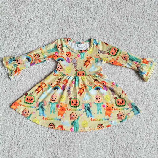 9.26 RTS NO MOQ（In stock）G3-8-7'\ Baby Girls Winter Dress Kids' yellow long-sleeved dress with elephant letters