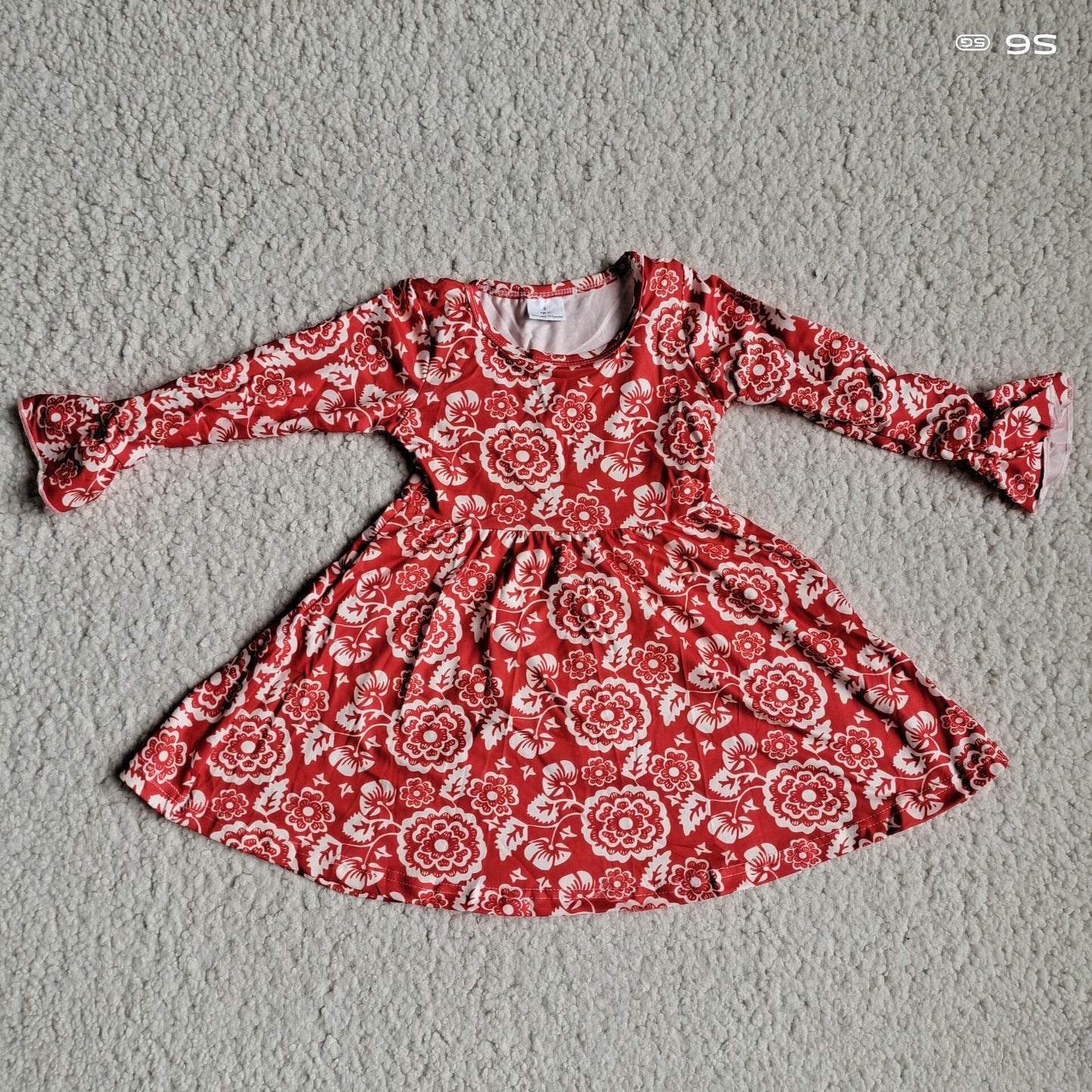10.4 RTS NO MOQ（In stock）G3-8-7..' Baby Girls Winter Dress White pattern bright red flared long-sleeved dress