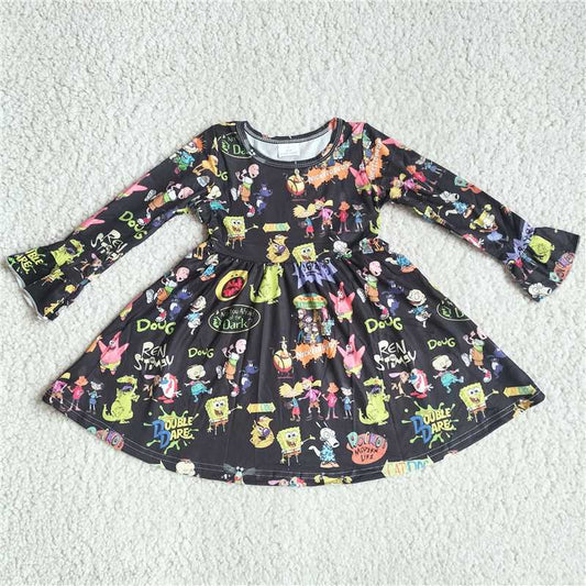 9.22 RTS NO MOQ（In stock）G3-8-7*.'. Baby Girls Winter Dress SpongeBob Monster Black Long Sleeve Dress