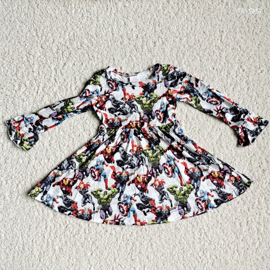 10.4 RTS NO MOQ（In stock）G3-8-7*,' Baby Girls Winter Dress Monster Shield Flared Long Sleeve Dress