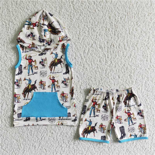 BSSO0061 	Baby boys western hoodie top summer shorts sets