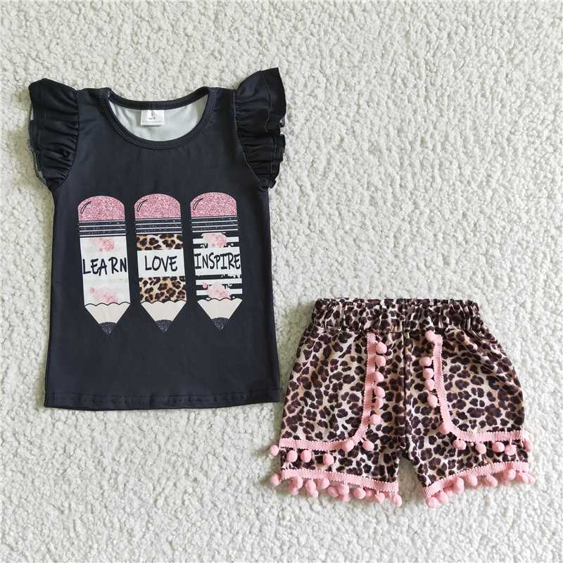 GSSO0117 Girls back to school pencil black flying sleeve leopard print shorts suit